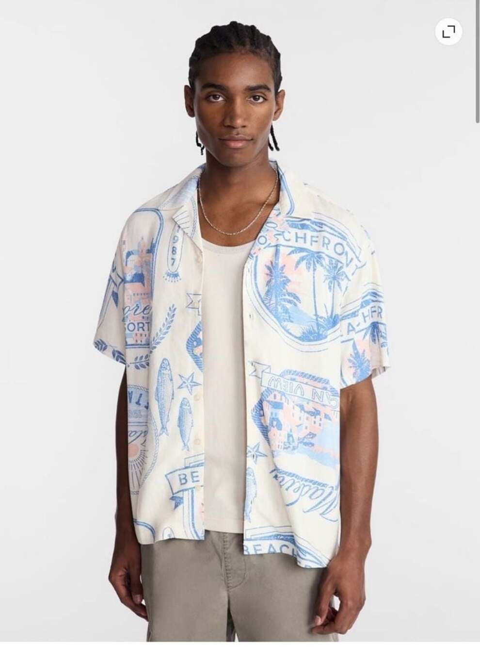 NWT Men's Boxy Fit Linen Blend Patterned Resort Shirt Medium
